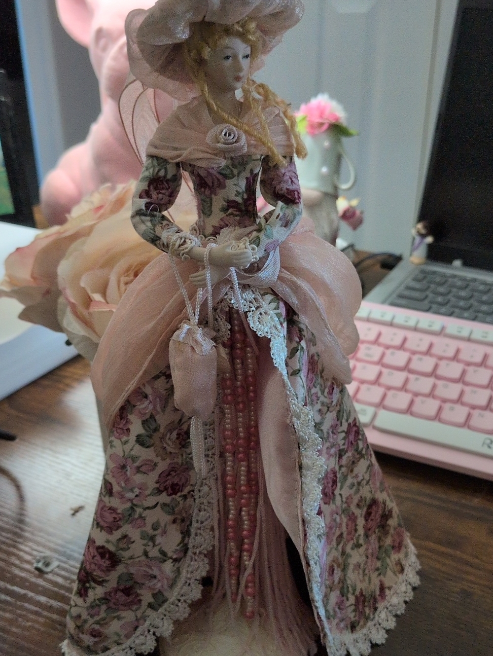 Victorian Style Pink Floral Porcelain Tassel Doll Great For Little Girls Room